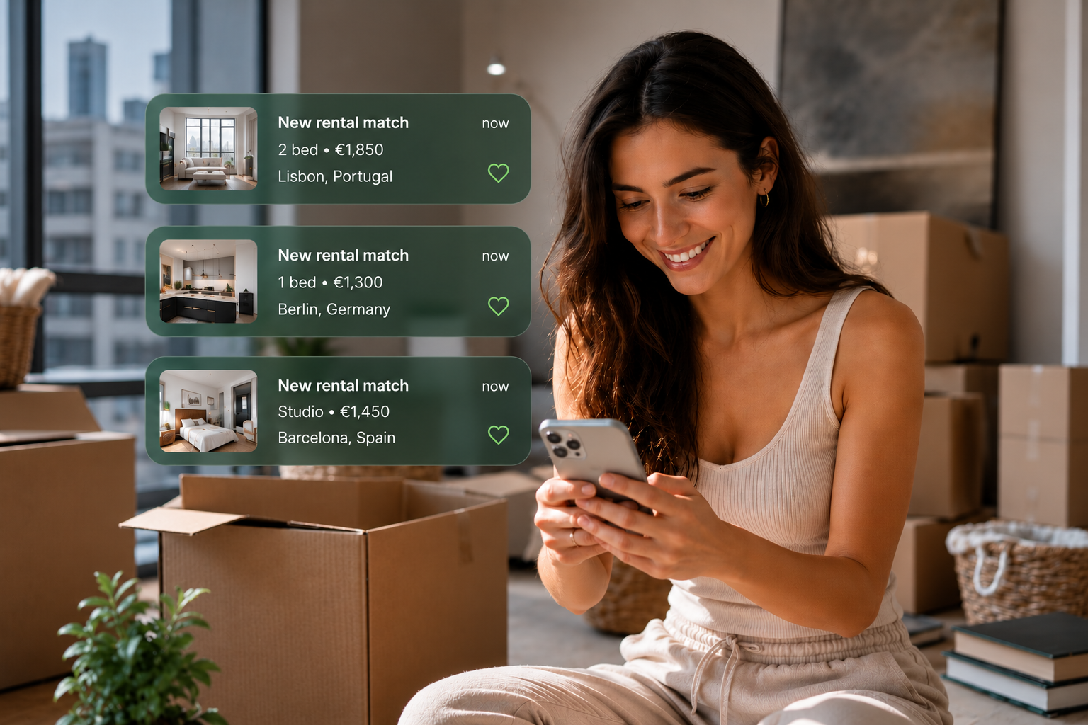 Renter smiling at new rental matches on her phone